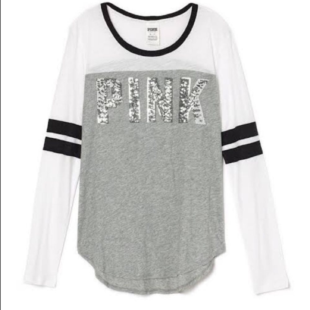 PINK long sleeve silver sequined signature tee